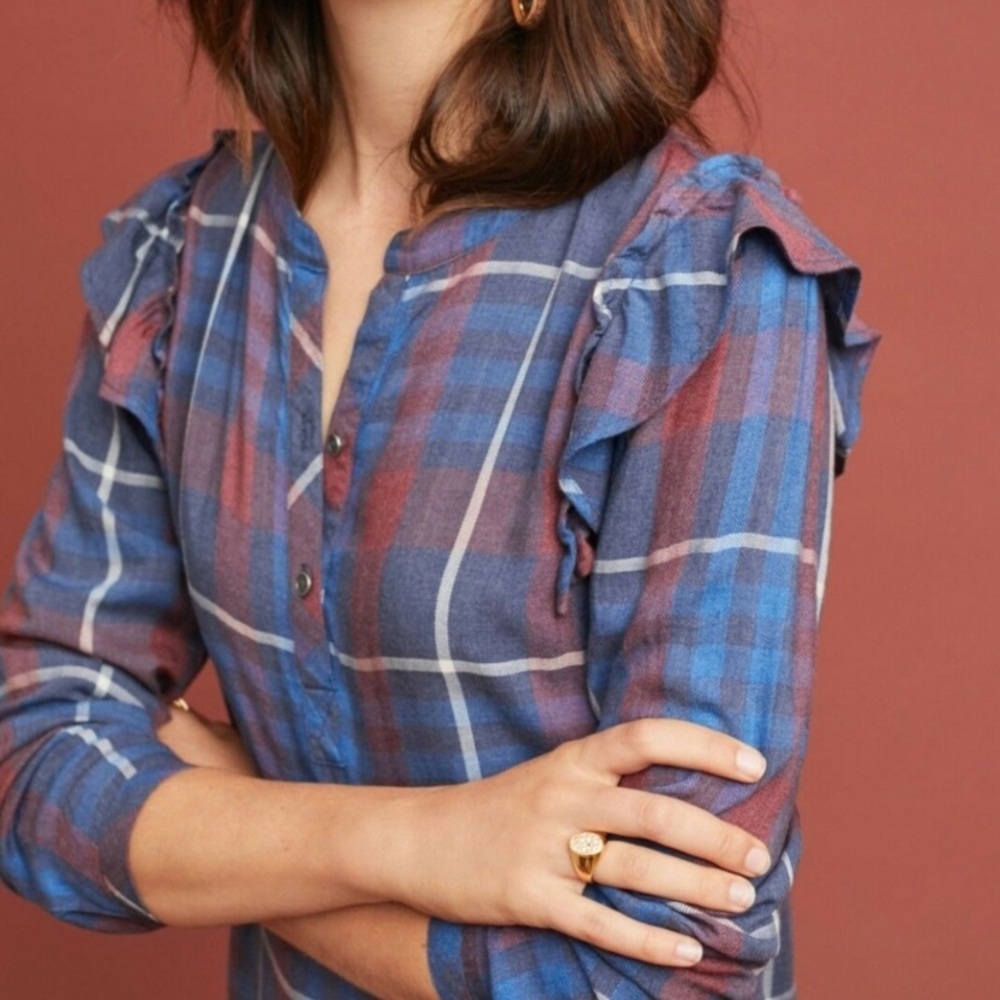 Cloth & Stone for Anthropologie Plaid Ruffled Dress Blue Red Boho Sz XS - Picture 4 of 11